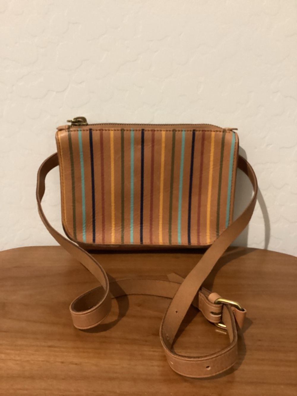 Madewell Tan Mini Crossbody with Blue & Orange Stripes